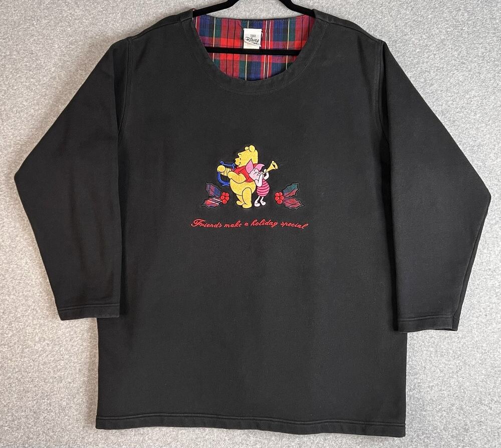 Disney Store Winnie the Pooh Piglet Holiday Sweater Black Plaid Trim  XXL
